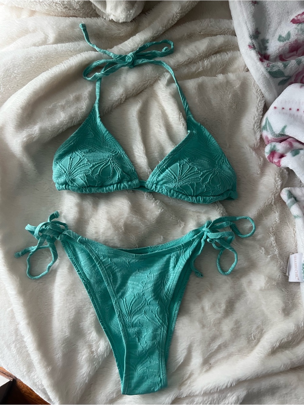 Teal Seashell Textured Tie-Side Bikini Set